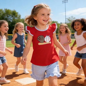 ชุดเด็กผู้หญิง GSSO3246 rts Little Active Girl ชุดเบสบอลสีแดงปักลาย พร้อมชุดเสื้อแขนบานสำหรับเด็กผู้หญิง ขายส่ง - Product Image 1