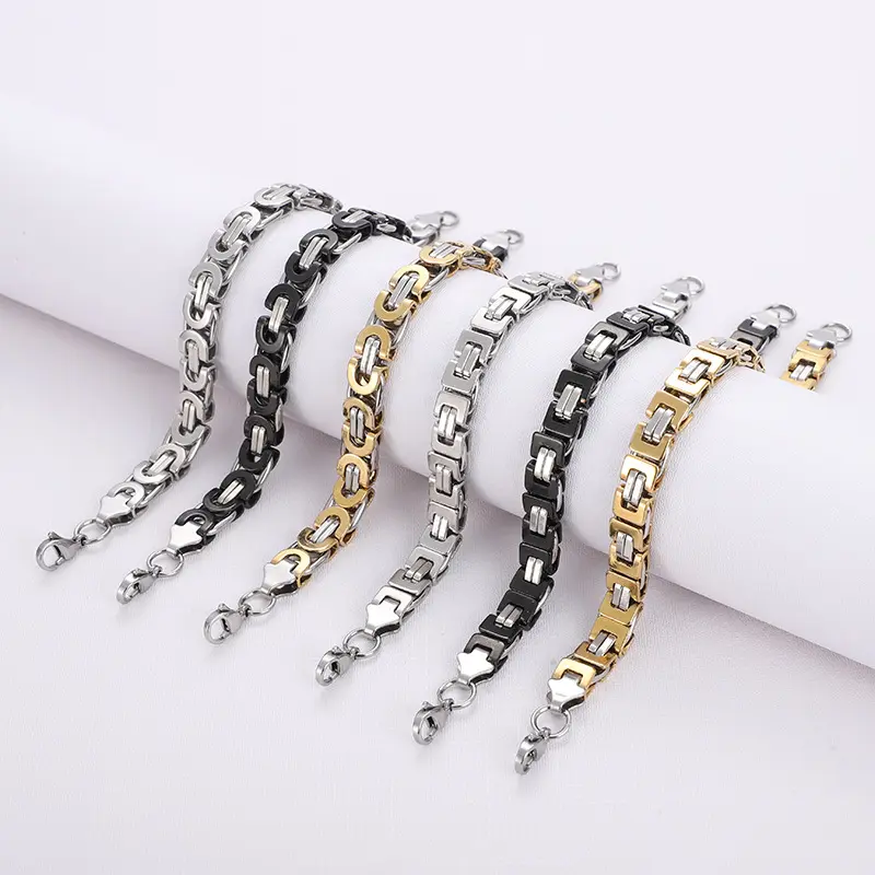 Wholesale Fashion Stainless Steel 18K Gold Plating Color Silver Black Byzantine Men Bracelet