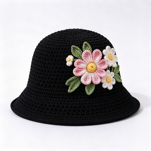 Sombrero de Pescador Tejido a Mano con Flores, Gorro de Pescador de Hilo de Algodón, Aplique de Flores Bordadas, para Primavera, Verano, Playa y Viajes - Product Image 4