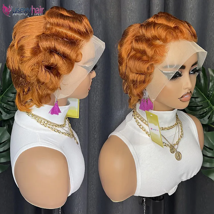 Laranja brilhante Onda do Dedo Peruca Ombre Cor Curto Curly Perucas Para As Mulheres Nuna 1920s Cosplay Halloween Party Uso Diário