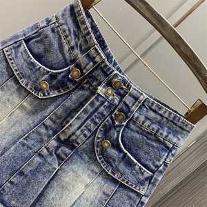 <span class=keywords><strong>Jupe</strong></span> plissée en jean pour fille, taille élastique, style vintage, coupe trapèze, ourlet brut, courte, pour le printemps et l'été - Product Image 3