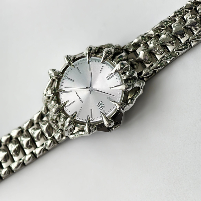 Custom Designed Alabaster Quartz Watch  Men Unique Claw Japanese MIYOTA Movement Spike Stainless Steel Dial Goth Watches Pendant