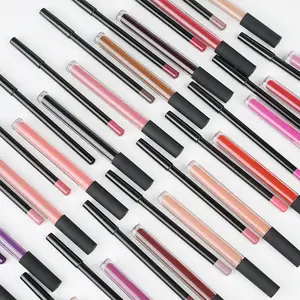 cosmetics 2 in 1 set liquid matte lipstick lipgloss lip liner pencil lips kit 12 colors stock Lip glaze set