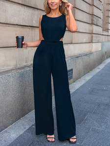 Combinaison <span class=keywords><strong>d</strong></span>écontractée et élégante pour femme, taille haute, ajourée, couleur unie, col rond, sans manches, jambe large, pour l'été - Product Image 4