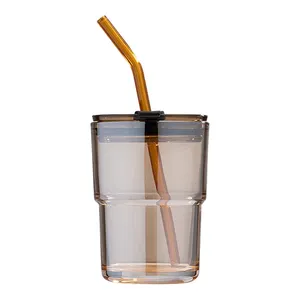 Customized MSJ 400ml Clear drinking tumbler borosilicate reusable travel coffee glass mug cup with straw/lid