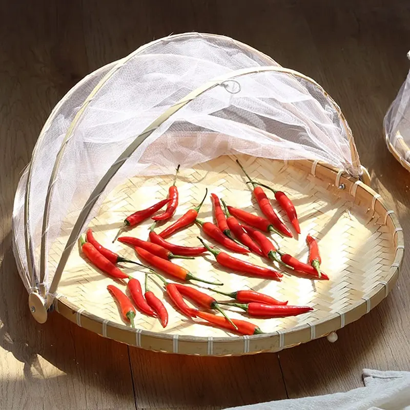 Panier avec couverture en maille pique-nique extérieur couverture alimentaire tentes pain légumes Fruits paniers tissés panier de tente en bambou