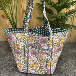 Bolso Tote de Algodón Acolchado con Estampado Floral Indio, Impresión a Mano, para Mujer, Superventas, Combinación de Colores, Gran Capacidad - Product Image 1