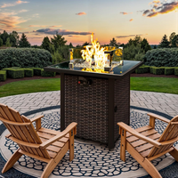 Table de foyer carrée en rotin au propane d'extérieur avec couvercle en verre trempé, pare-vent en verre, 50 000 BTU, pour terrasse, jardin