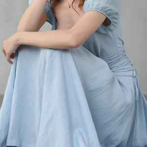 Vestido de Playa con Cinturón a Precio de Mayoreo, Vestido de Lino Vintage con Cuello de Lazo y Manga Corta, Vestido Elegante de Verano para Mujer - Product Image 4