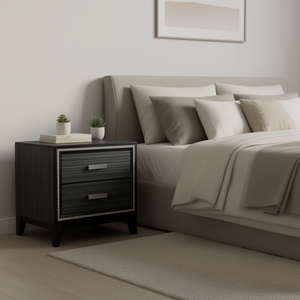 Comodino Haiden a 2 cassetti con finitura nera anticata, mobile moderno per camera da letto - Product Image 2