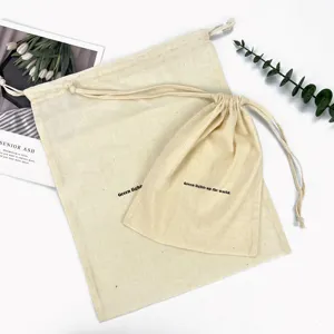 Custom Logo Silk Screen Print Organic Cotton Muslin Double Shopping Canvas Drawstring Pouch Dust Bag For Handbag Shoe