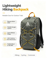 Tas Ransel Hiking Ripstop dengan Sabuk Pinggang Kompresi Bungee, Lapisan Dalam Oranye, Kantong Jala, Ransel Trekking Outdoor Pria Wanita OEM