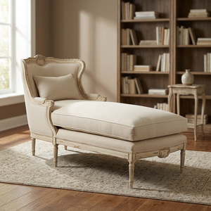 <b>Antique</b> Louis XV Reproduction Chaise Lounge Sofa <b>Bed</b> Wood and Fabric Tufted Furniture for Home or Hotel Use - Product Image 3