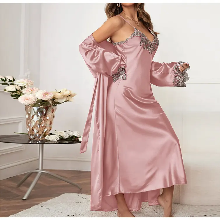 Intiflower-Camisón bordado de encaje para mujer, falda con tirantes, bata, conjunto de dos piezas, ropa de dormir, bata de baño, NL5051