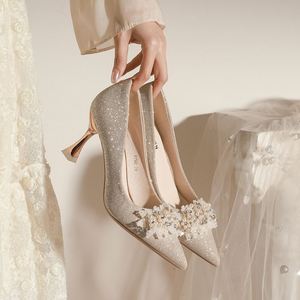 Chaussures de mariée champagne à bout pointu et talons hauts pour femme, assorties pour mariage Xiuhe - Product Image 6