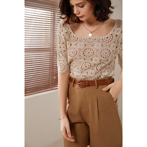 Sweat-shirt à manches courtes et col carré en dentelle pour femme, 100% coton, personnalisé, Crochet abricot, pull décontracté à manches courtes - Product Image 5