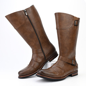 Men's <b>Knee</b>-<b>High</b> Moto Biker Boots Genuine Leather Round Toe Flat Heel Anti-Slippery Rubber Outsole Buckle Decoration - Product Image 2