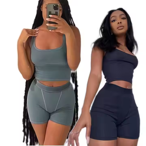 Rosa atmungsaktives Damen-Set Gerippte Tanktop-Shorts Zweiteiliges Lounge-Wear-Set Damen bekleidung Lounge wear Summer Ropa De Mujer - Product Image 4