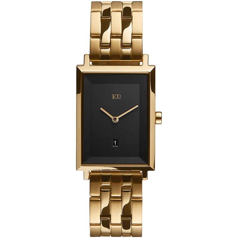Gold 316L stainless steel ladies watch black square face dual hands and 5ATM date watch
