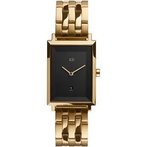 Relógio de aço inoxidável 316l dourado, preto, quadrado, mãos duplas e 5atm, data