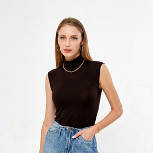 Top sin mangas de cuello alto para mujer, de punto, color liso, ajustado, mezcla de modal y elastano, estilo minimalista, para todas las estaciones - Product Image 1