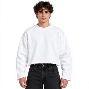 Men's <b>White</b> <b>Cropped</b> Denim Knitted Sweatshirt Breathable Streetwear 100% Cotton Raw Edge <b>Long</b> <b>Sleeve</b> Autumn Wear - Product Image 1