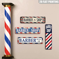 Letrero Metálico Vintage de Barbería con Diseño de Poste Rojo, Blanco y Azul