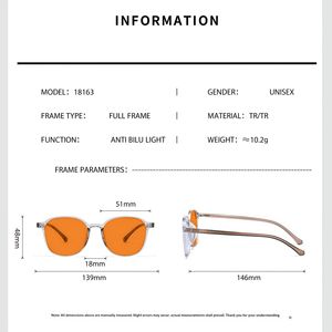 Lunettes de mode de haute qualité OEM, anti-lumière bleue à 100 %, noires, unisexes, verres orange, monture TR90, forme carrée, légères, vente en gros - Product Image 3