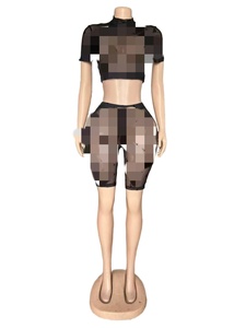 Peeqi FC1447 Set di 2 Pezzi per Donna: Top Corto a Maniche Corte e <span class=keywords><strong>Pantaloncini</strong></span> Leggings Trasparenti in Rete, Sexy e Casual - Product Image 5