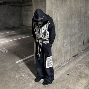 Completo da Uomo con Felpa con Zip e Pantaloni della Tuta Larghi Personalizzati, Esentasse negli Stati Uniti, con Applicazioni di Strass, Ricami, Stampa Serigrafica ed Effetto Sbiadito dal Sole - Product Image 4