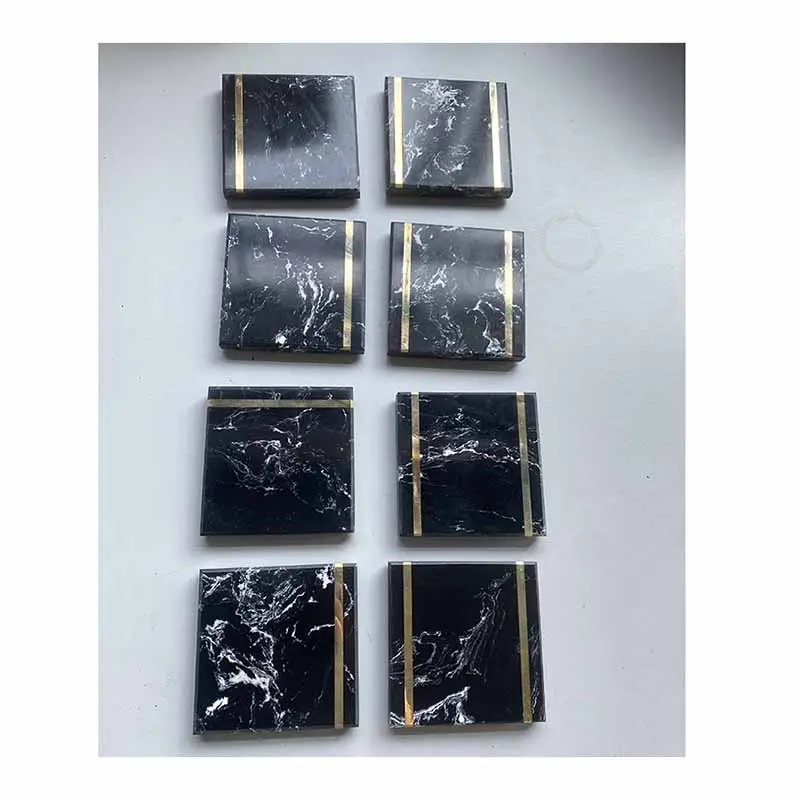 New Product Launch in China Luxury Black Marble Coasters Set With Copper strip &Gold Surface
