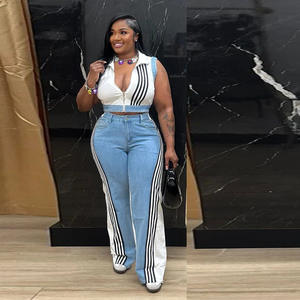 AL322 Denim 2 pezzi Set di pantaloni da donna alla moda con cerniera <span class=keywords><strong>canotta</strong></span> a righe e gamba <span class=keywords><strong>larga</strong></span> Jeans abbigliamento Casual 2025 - Product Image 3