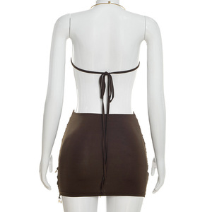 Vestido Halter con Aberturas y Fruncido, con Borlas de Cuentas en el Bajo, Personalizado, Bajo MOQ, Venta al por Mayor, Teñido Liso, Transpirable, Antiestático, Sehe Fashion - Product Image 5