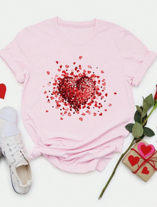 T-shirt Casual da Donna Rosa a Maniche Corte con Scollo Rotondo e Stampa Cuore con Paillettes, Traspirante 100% Cotone, Ideale per Primavera Estate - Product Image 1