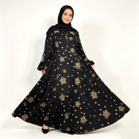 Abaya con Mangas Abullonadas y Estampado de Puntos, Motivo Floral Dorado, Ropa Modesta Musulmana Islámica, Largo hasta el Suelo, Cobertura Completa