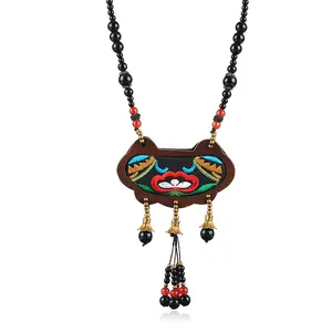 Characteristic ethnic style wooden beaded sweater chain classical embroidery tassel Miao temperament long necklace