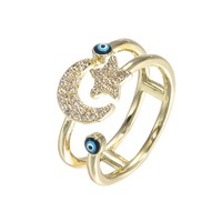 Élégant élégant bijoux étoile lune mauvais yeux Zircon ouvert bague réglable 18k plaqué or turc yeux bleus anneaux pour hommes femmes