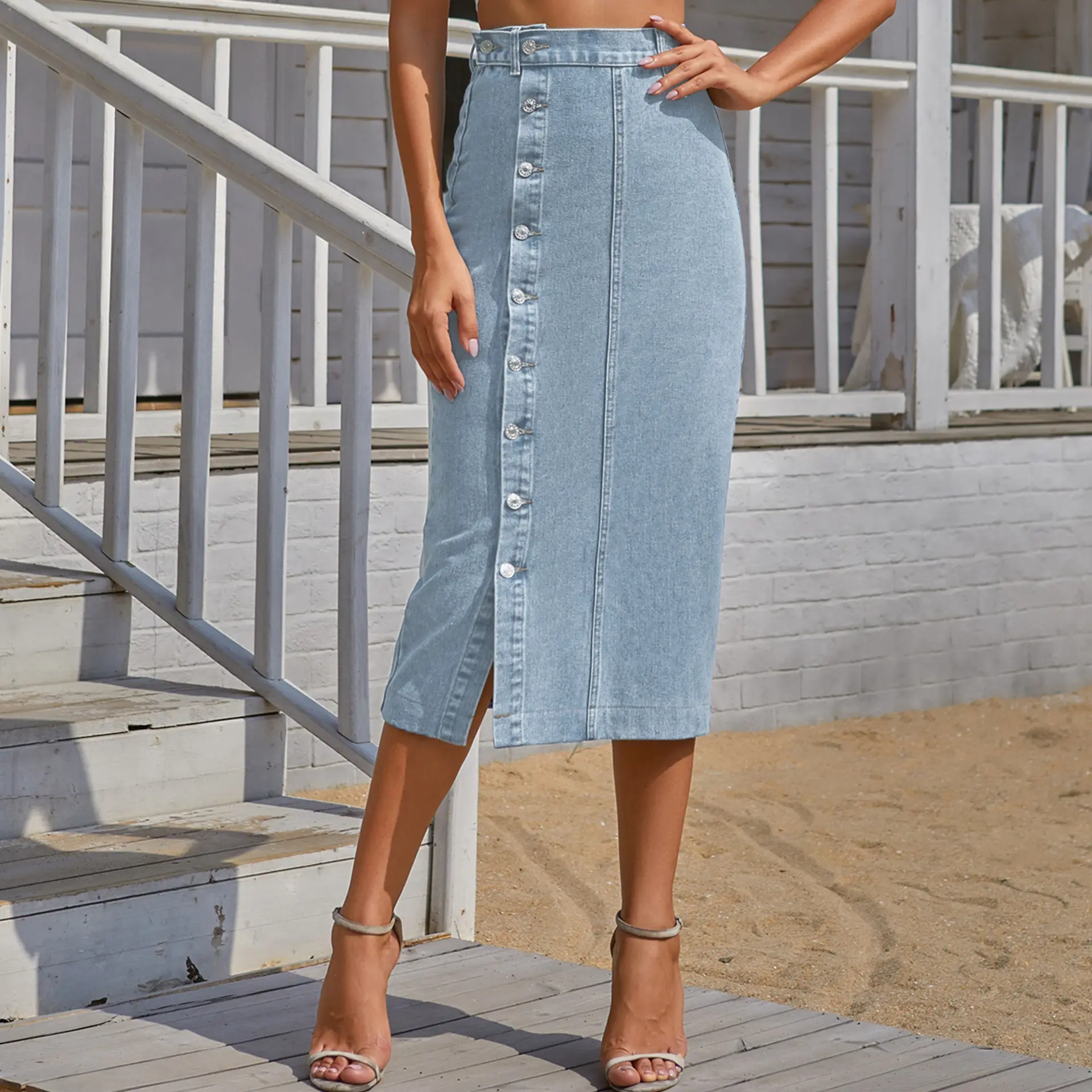 Của Phụ Nữ Mùa Hè Không Đối Xứng Denim Cô Gái Midi Slit Váy Nút Phụ Nữ Quần Jean Dài Bút Chì Bọc Váy Cho Phụ Nữ Giản Dị 2024