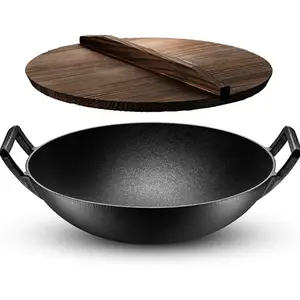 Traditionele Chinese Non Stick Gietijzeren Wok Met Dubbel Handvat En Houten Deksel