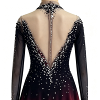 Robe de patinage artistique pour filles, dégradé noir et bordeaux, dos ouvert en V profond, avec strass et maille, pour concours de danse sur glace