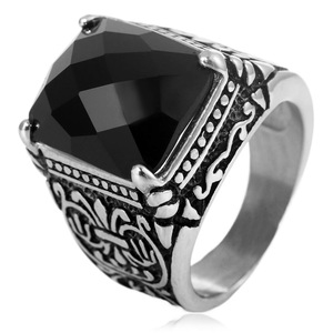 yunnique Fashion <b>Rings</b> Men's Geometric Black Stone <b>Titanium</b> Steel <b>Ring</b> Prong Setting Vintage Punk Style Gift Jewelry - Product Image 1