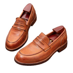 Chaussures habillées pour hommes en cuir véritable, bout rond, à enfiler, semelle extérieure en caoutchouc marron uni, semelle intermédiaire en bois, toutes saisons, pour le travail - Product Image 1