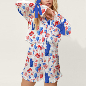 Independence Day <strong>Patriotic</strong> Red Blue Stripe Star Print Long Sleeve Shirt <strong>Shorts</strong> Two Piece Pajama Set Women - Product Image 4