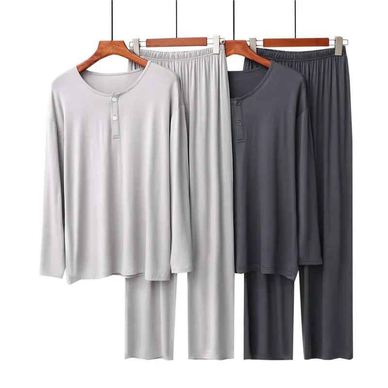 Vêtements de détente à manches longues en coton doux et concis personnalisés pour hommes avec poches ensembles de pyjamas boutonnés vêtements de nuit en modal pour hommes