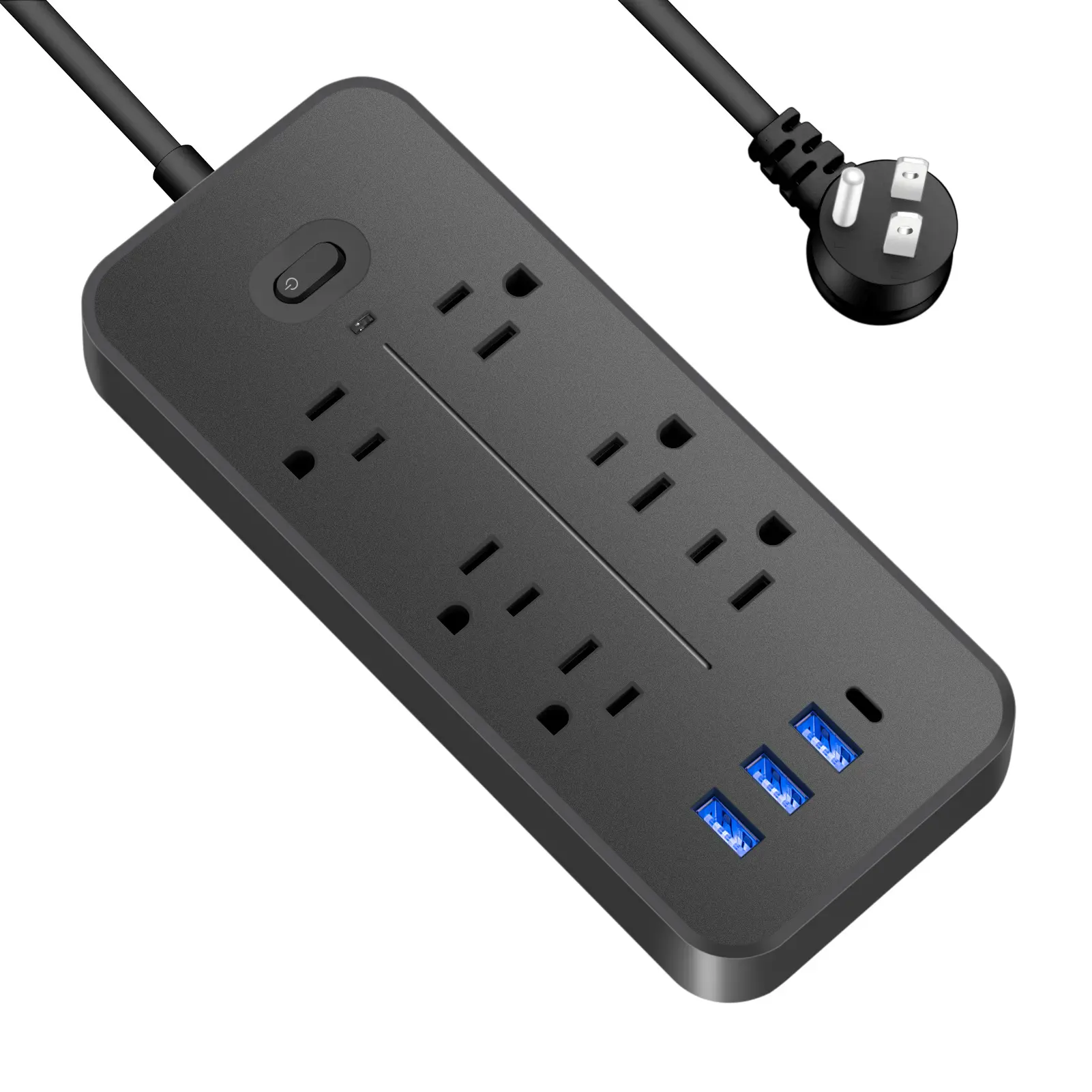 US Power Strip 6 ACコンセント10A110v 220v 3 USBポートソケットTYPE-Cスマートパッチパネル2000wブラックパワーサージ保護プラグ