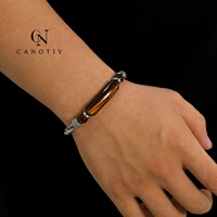 Bracelet en acier inoxydable tressé pour homme, perles en œil de tigre naturel, bracelet porte-bonheur, bijoux tendance, cadeau