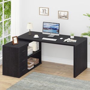 Home corner office <b>computer</b> <b>desk</b>, student study <b>desk</b>, black rectangular table with storage drawers - Product Image 1