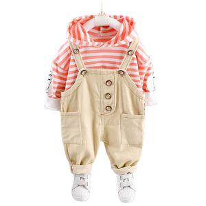 Ropa Infantil al por Mayor, Conjunto de Pantalones Caqui y Sudadera con Capucha a Rayas para Niñas - Product Image 1
