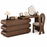 Ensemble de coiffeuse vintage français avec miroir LED ondulé en forme de nuage, commode à 6 tiroirs et chaise sculpturale