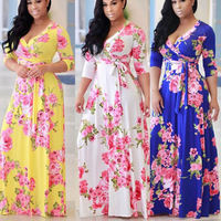 Robe longue décontractée africaine à demi-manches et bretelles enveloppées sur la poitrine pour femmes, imprimée à fleurs et col en V